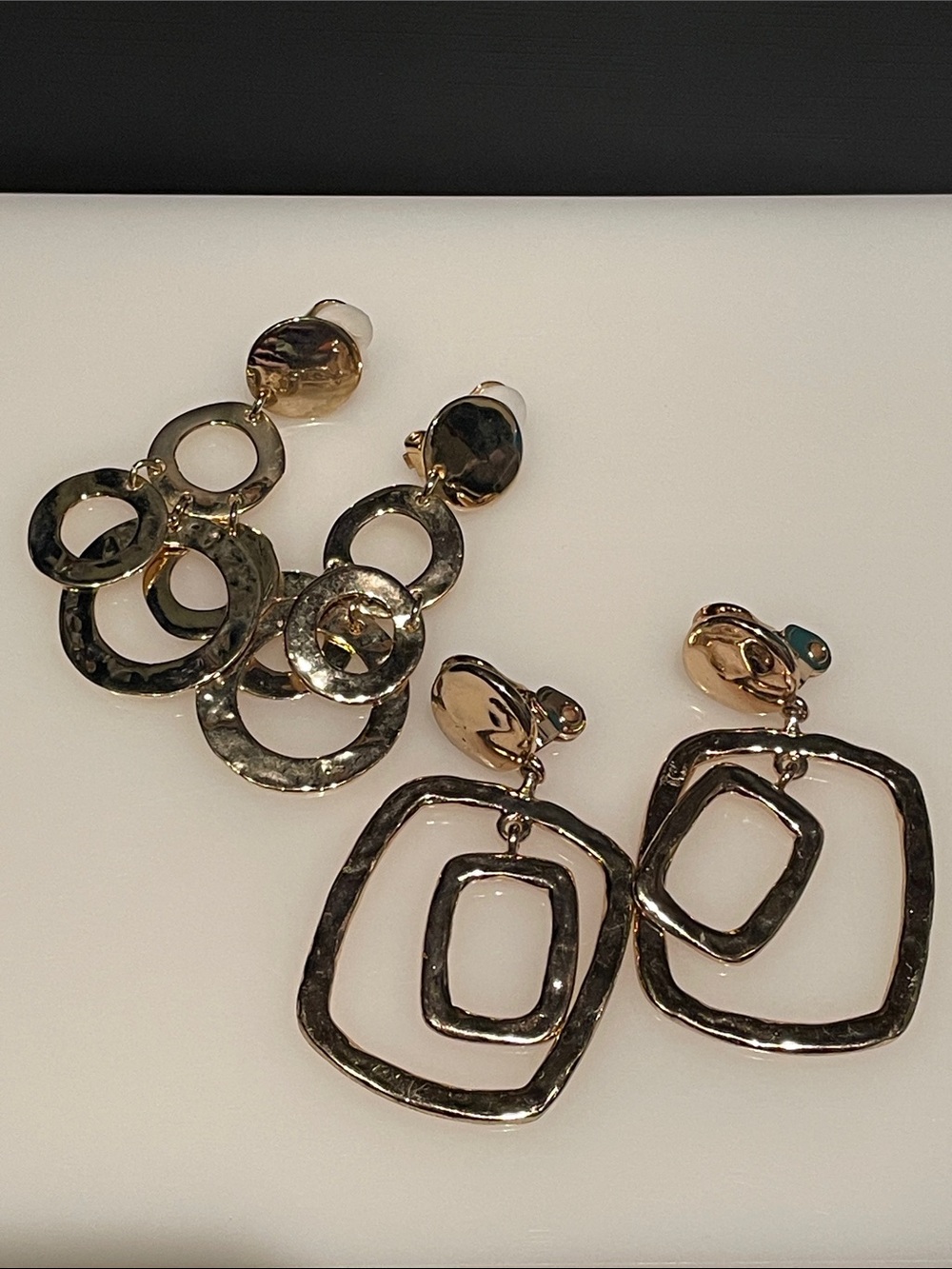 2 Pairs Vintage Hammered Gold-Tone Statement Clip on Earrings Duo